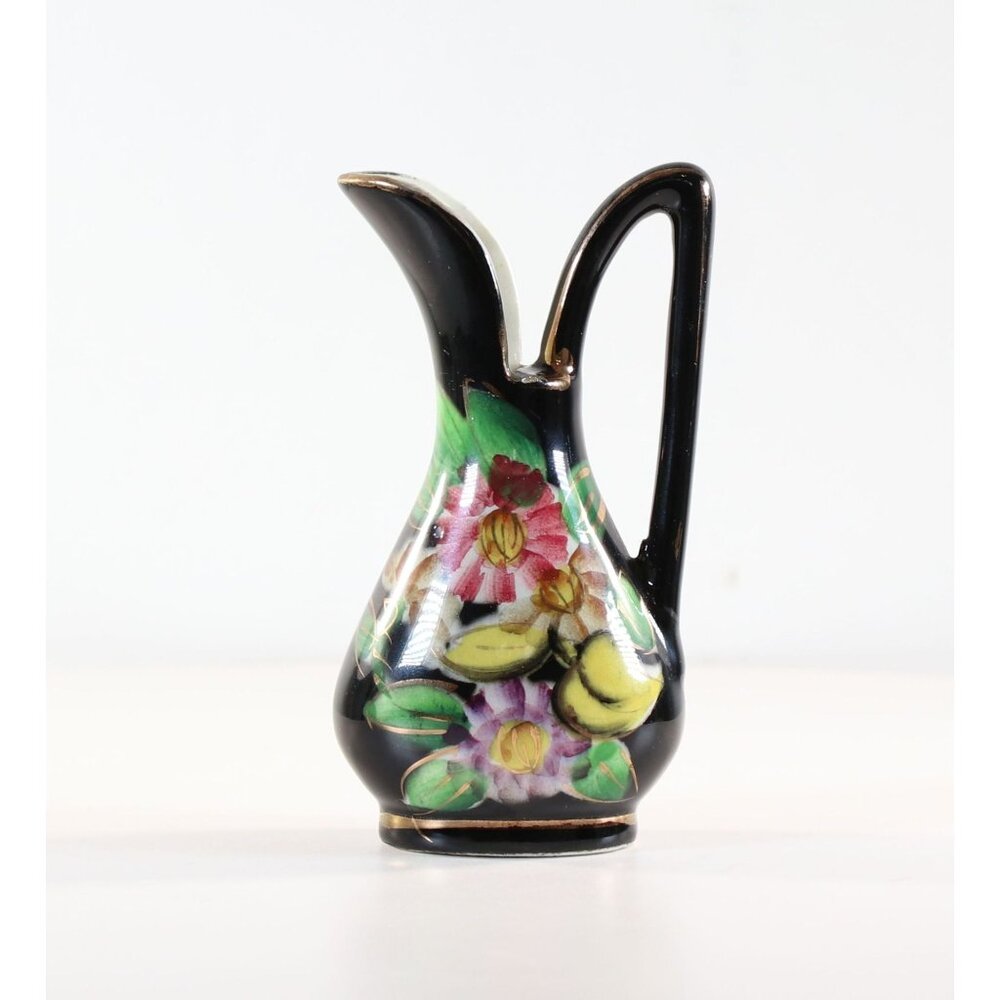 Small Black Vase With Florial Pattern 24K Gold Trim 1950s